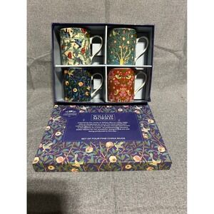 William Morris Fine China Mugs Set of 4 Multicolor Floral Bird Patterns Boxed